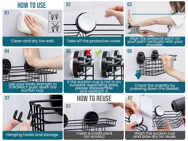 Instruction guide showing step-by-step process for installing and reusing adhesive wall hooks, with eight panels demonstrating cleaning, mounting, and removal techniques.