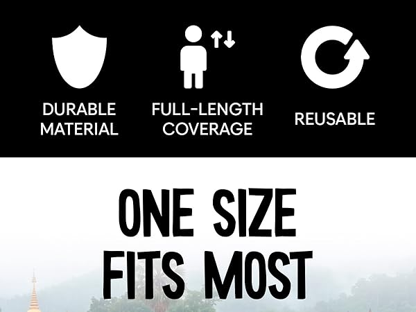 Text reads 'DURABLE MATERIAL', 'FULL-LENGTH COVERAGE', 'REUSABLE', 'ONE SIZE FITS MOST'. Product features icons displayed on light background.