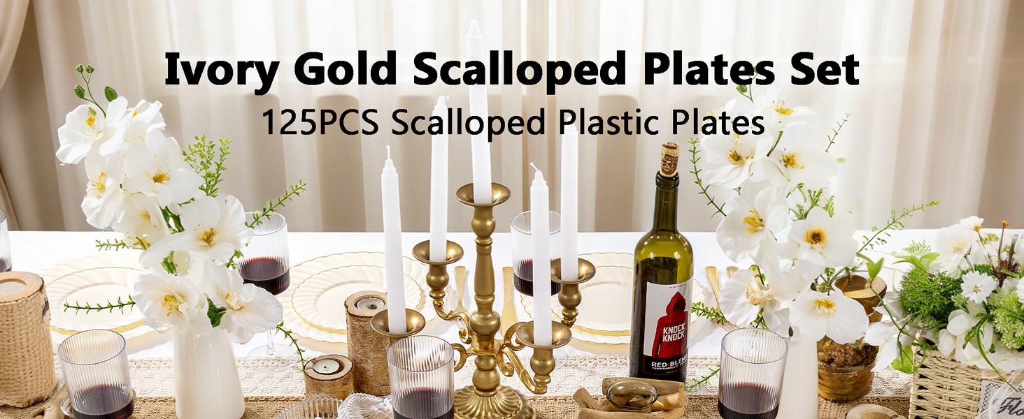 125PCS Ivory Scalloped Plastic Plates