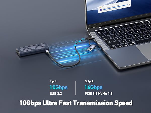 External SSD connected to laptop via cable, showing data transfer speeds. Input: 10Gbps USB 3.2, Output: 16Gbps PCIe 3.2 NVMe 1.3. Advertised as '10Gbps Ultra Fast Transmission Speed'.