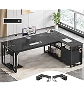 71 in Executive Desk with Power Outlets, Reversible L Shaped Desk with File Drawers &amp; Storage She...