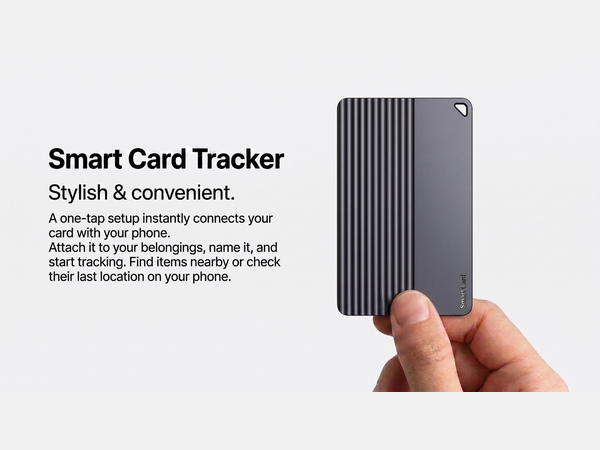 Hand holding a slim smart tracker card for locating wallets, luggage, and personal belongings.