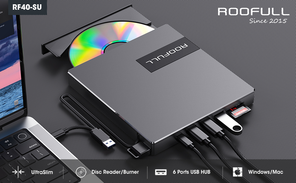 ROOFULL External CD DVD+/-RW Drive, 8 in 1 USB 3.0 Type-C CD ROM DVD Disc Optical Drive