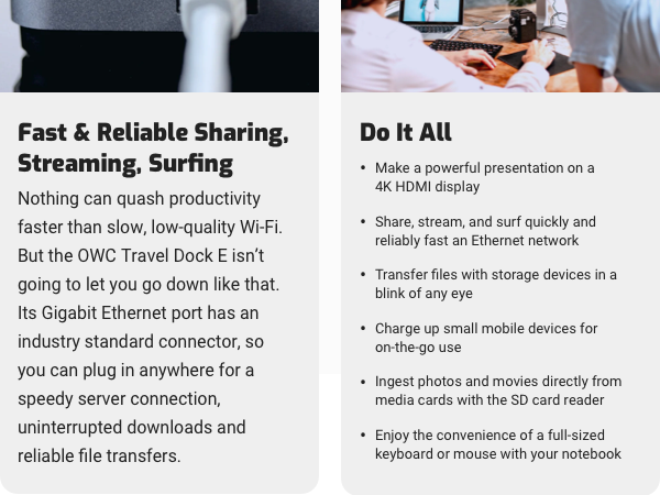 OWC Travel Dock E; Fast and Reliable Sharing, Streaming, Surfing
