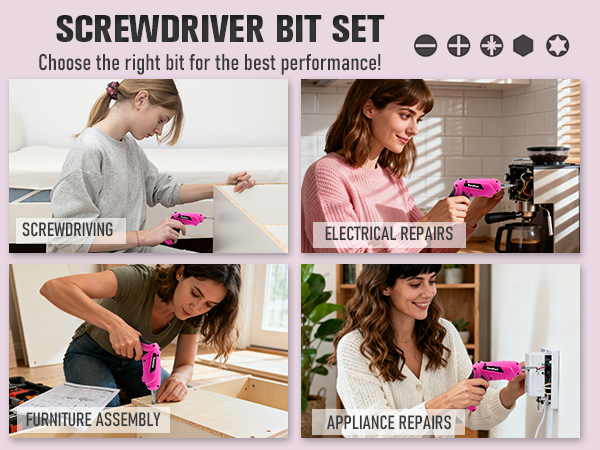 Pink Cordless Electric Screwdriver Set