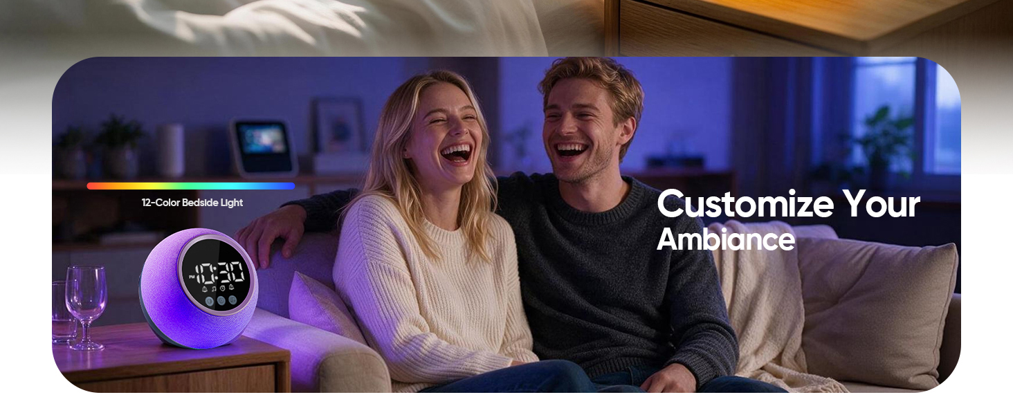 Text reads 'Customize Your'. Two people viewing a smartphone displaying a purple-glowing circular interface with customization options in a modern indoor setting.