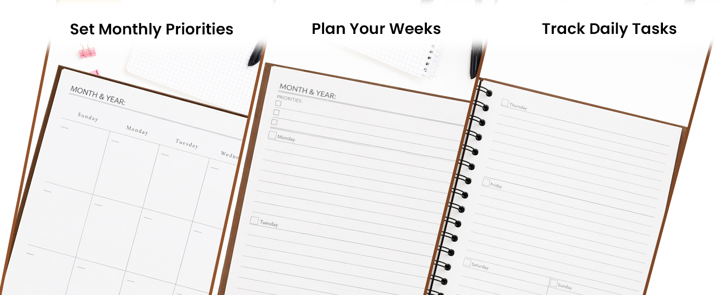 Undated Monthly and Weekly Planner - 12 Month Calendar Planner Notebook with Week Days