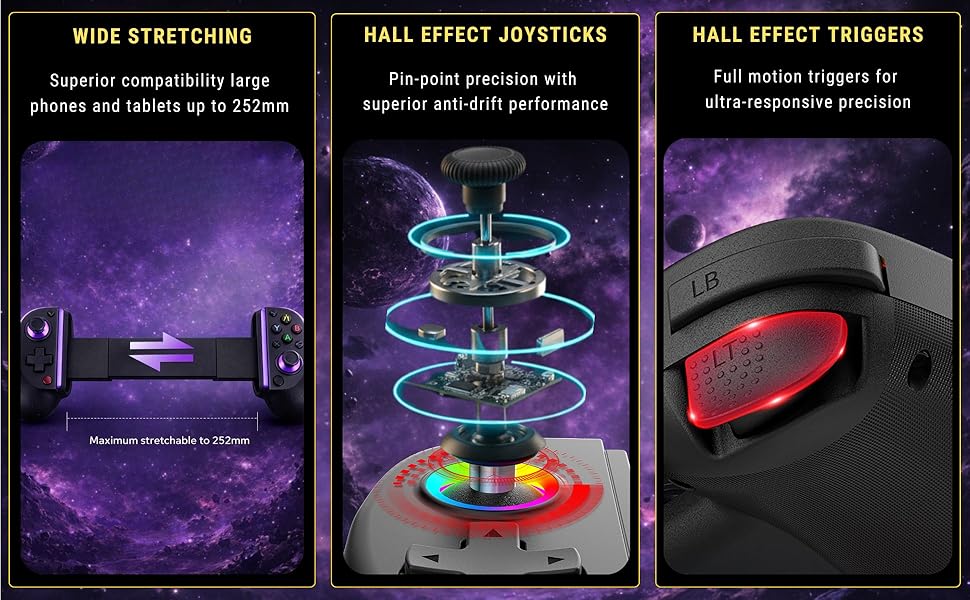 Technical product showcase panels displaying gaming controller features with glowing RGB elements and detailed component views against cosmic purple background.