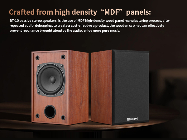 The passive stereo speakers are designed in a wood grain color