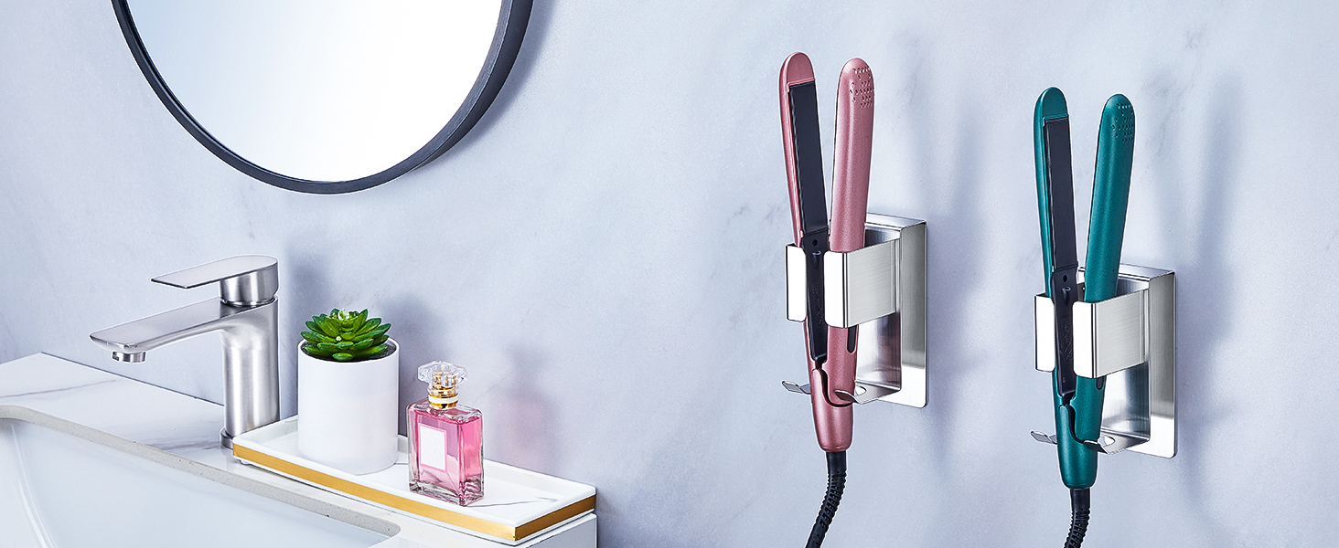 Series of images showing bathroom organization solution with toothbrush holders mounted on white wall, displaying various toothbrushes and dental products.