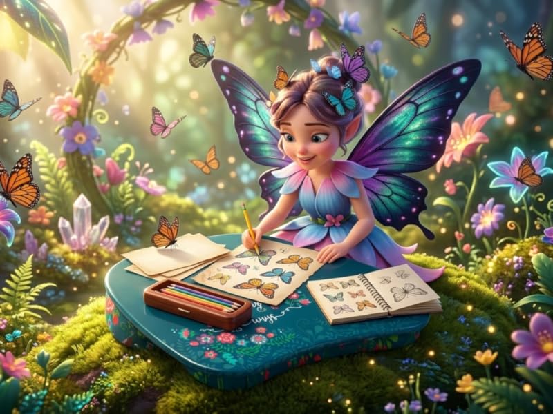 fairy drawing on a mystyle lap desk in a butterfly garden