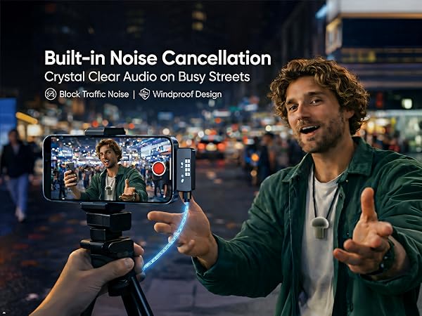 Wireless noise cancelling microphone for vlogging on busy streets with windproof design