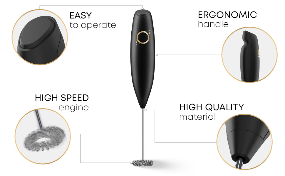 Handheld milk frother with ergonomic handle and high-speed engine