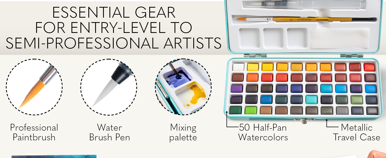 Professional Paint Brush, Water Brush Pen, Mixing Palette, 50 Half-Pan Watercolors, Travel case