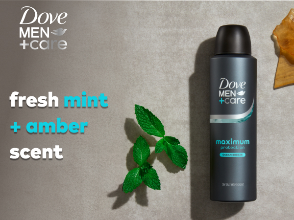 Dove Men+Care logo above text next to deo spray &amp;amp; visual scent representations of mint &amp;amp; amber