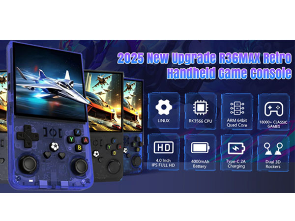 The 2025 new upgraded R36MAX retro handheld game console showing multiple colors and key features