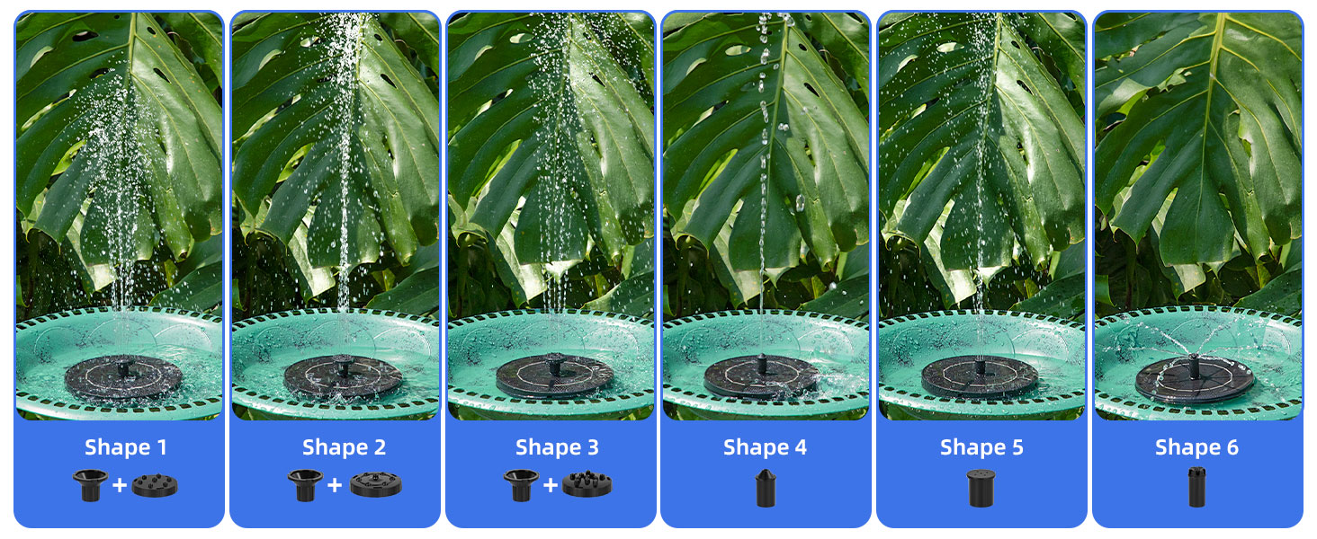 Our solar fountain has six different spray modes