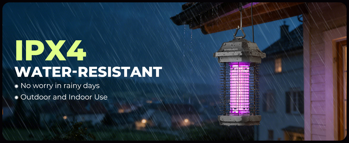hanging the bug zapper on the Patios, decks, and pool areas waterproof water resistance