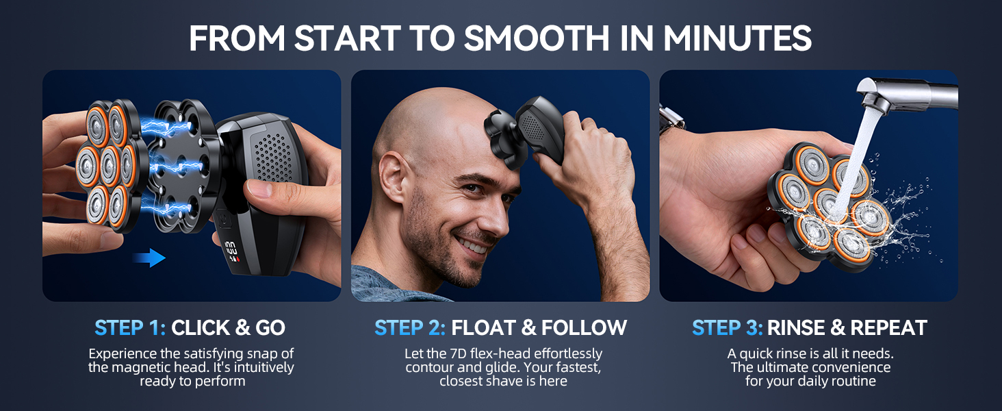 Three simple steps to use magnetic bald head shaver: install, shave and rinse