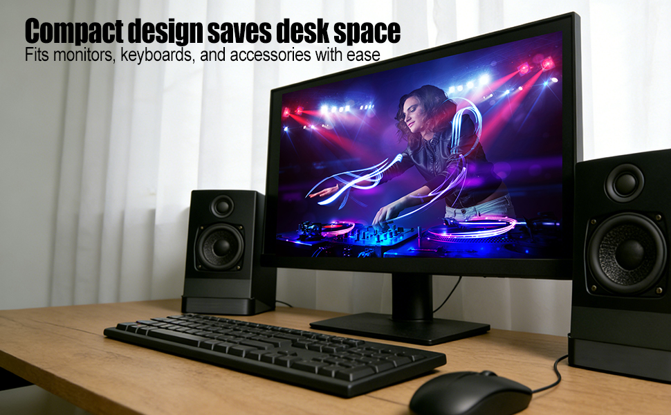 Compact design saves desk space Fits monitors, keyboards, and accessories with ease