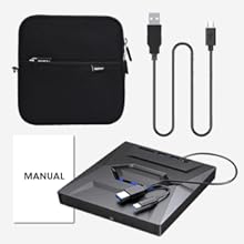 Package includes ROOFULL B21-Y external cd dvd drive, power supply cord, and user manual