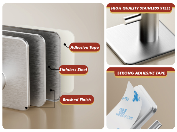 Premium coat hook construction: stainless steel, black powder coating, and strong adhesive tape