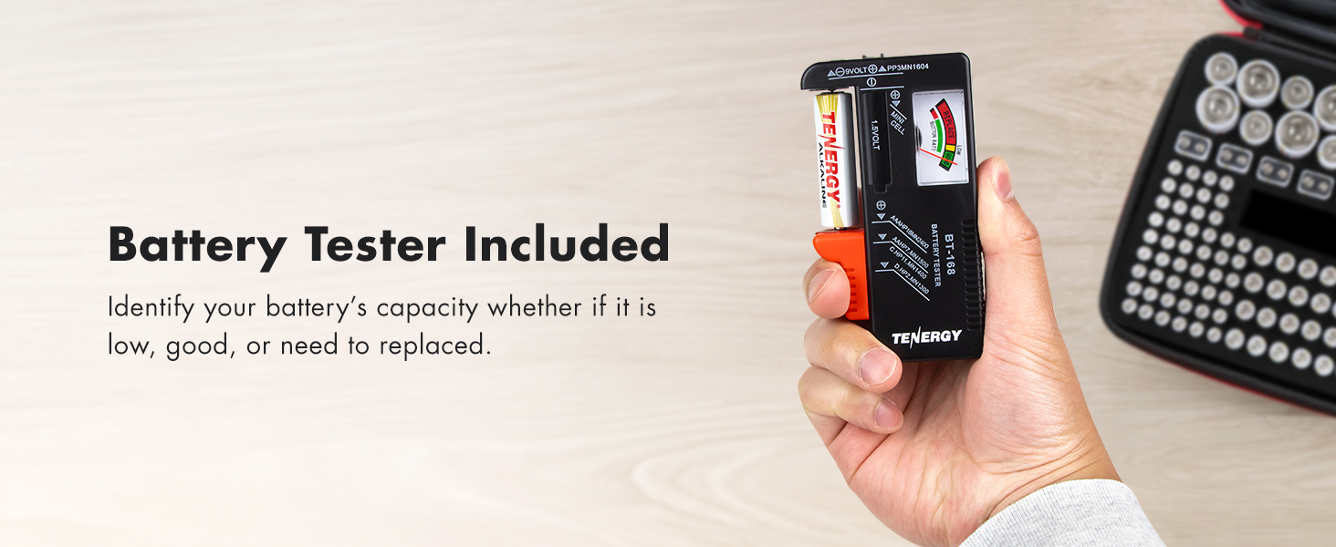 Includes battery tester to see if there's still power in the batteries