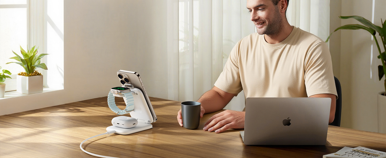 Lifestyle photography sequence showing someone working at a desk with laptop and coffee cup in a bright, modern home office setting.