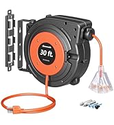 DEWENWILS 30FT Retractable Extension Cord Reel, 16/3C SJTW Heavy Duty Power Cord, Lighted Triple ...