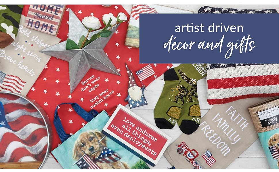 Patriotic gifts and décor such as totes, socks, pillows, towels, wall décor, puzzles, and box signs.