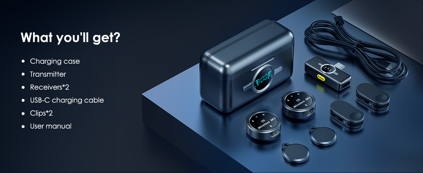 Included in the box: charging case, transmitter, two receivers, USB-C cable, clips, and user manual