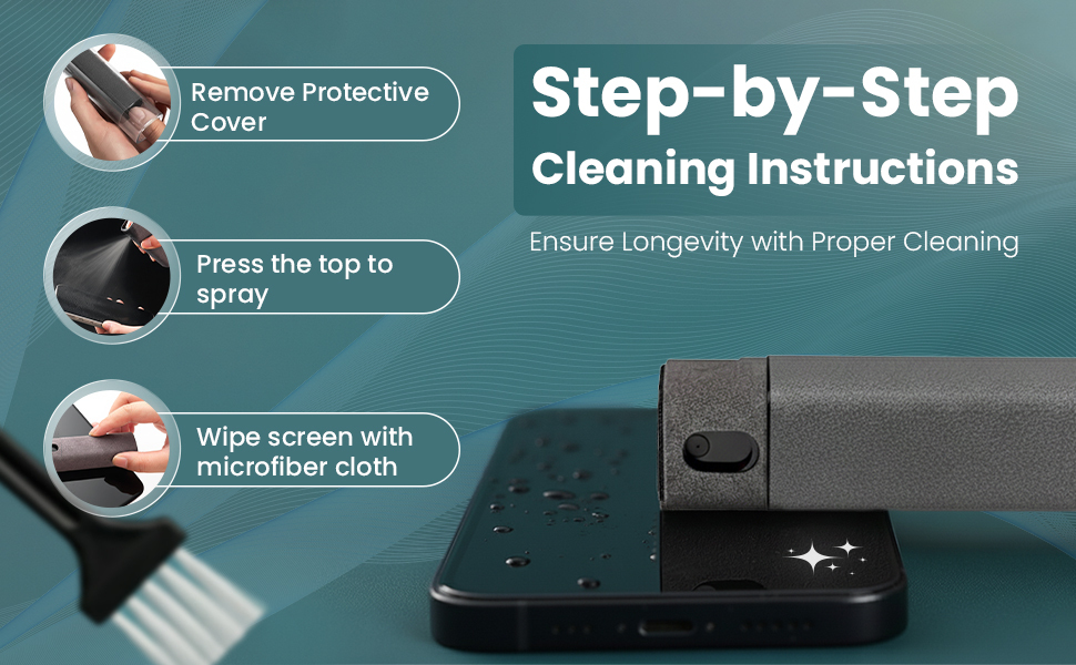 How to clean screens by spraying cleaner and wiping gently with microfiber cloth