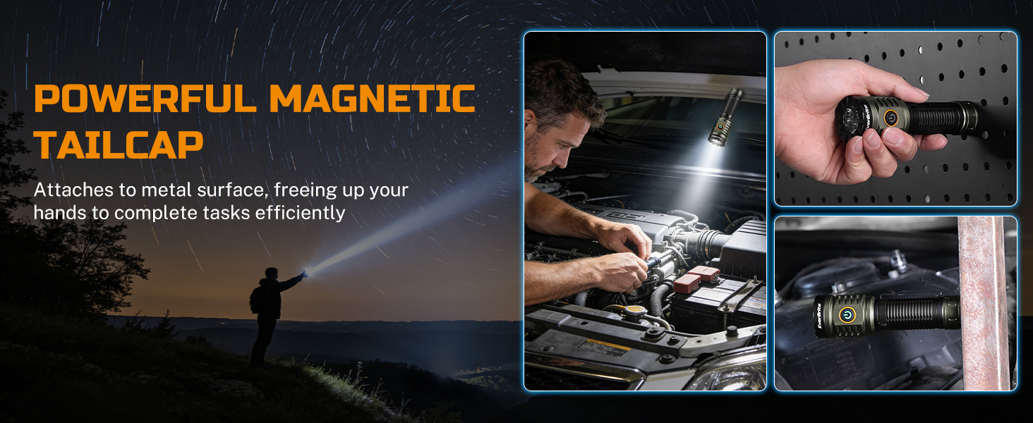 This flashlight features powerful magnetic tailcap, can attach to metal surface, free up your hands