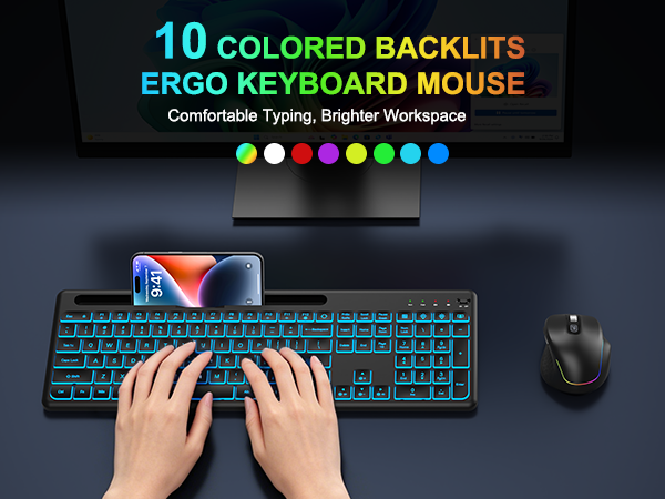 Wireless Keyboard and Mouse Combo -10 Colored Backlits, Phone Holder | Rechargeable