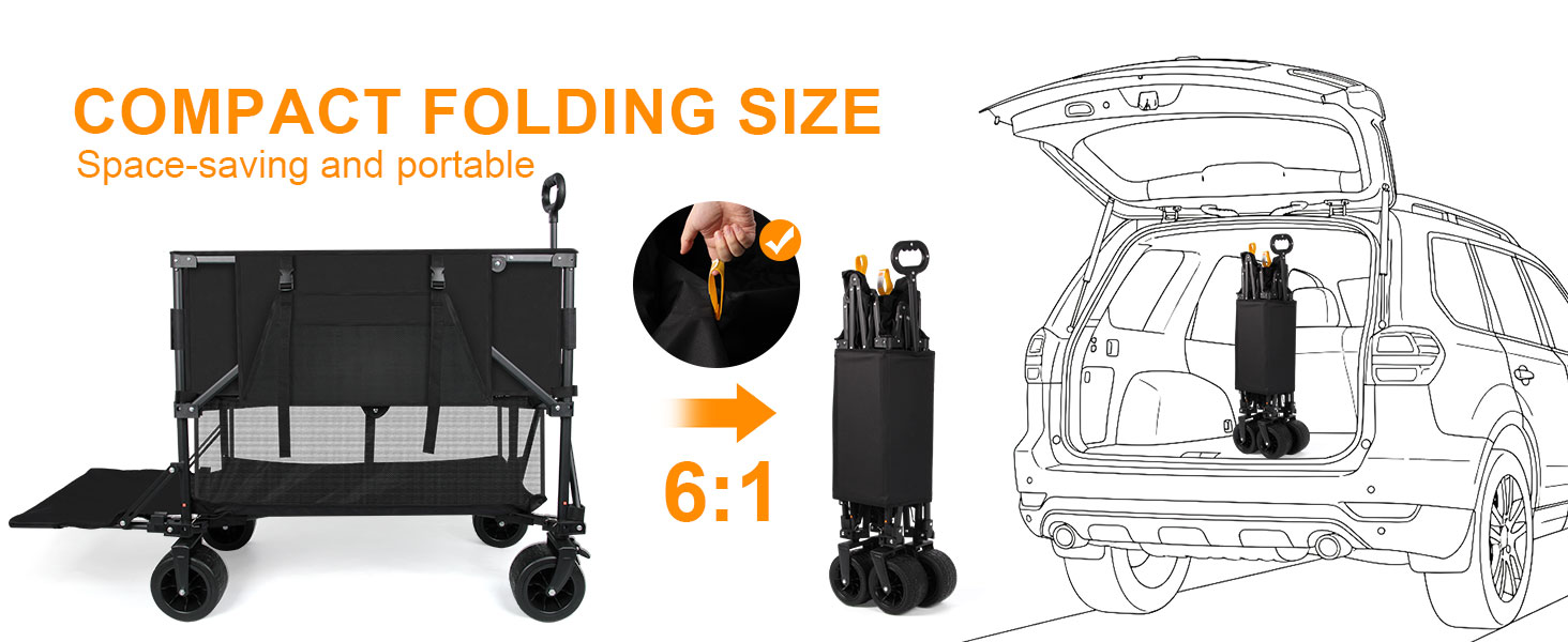 Compact foldable double decker wagon fits in car trunks for space saving outdoor gear storage