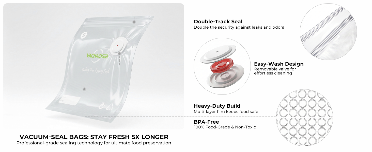 Reusable vacuum food storage bags, easy clean, dishwasher safe