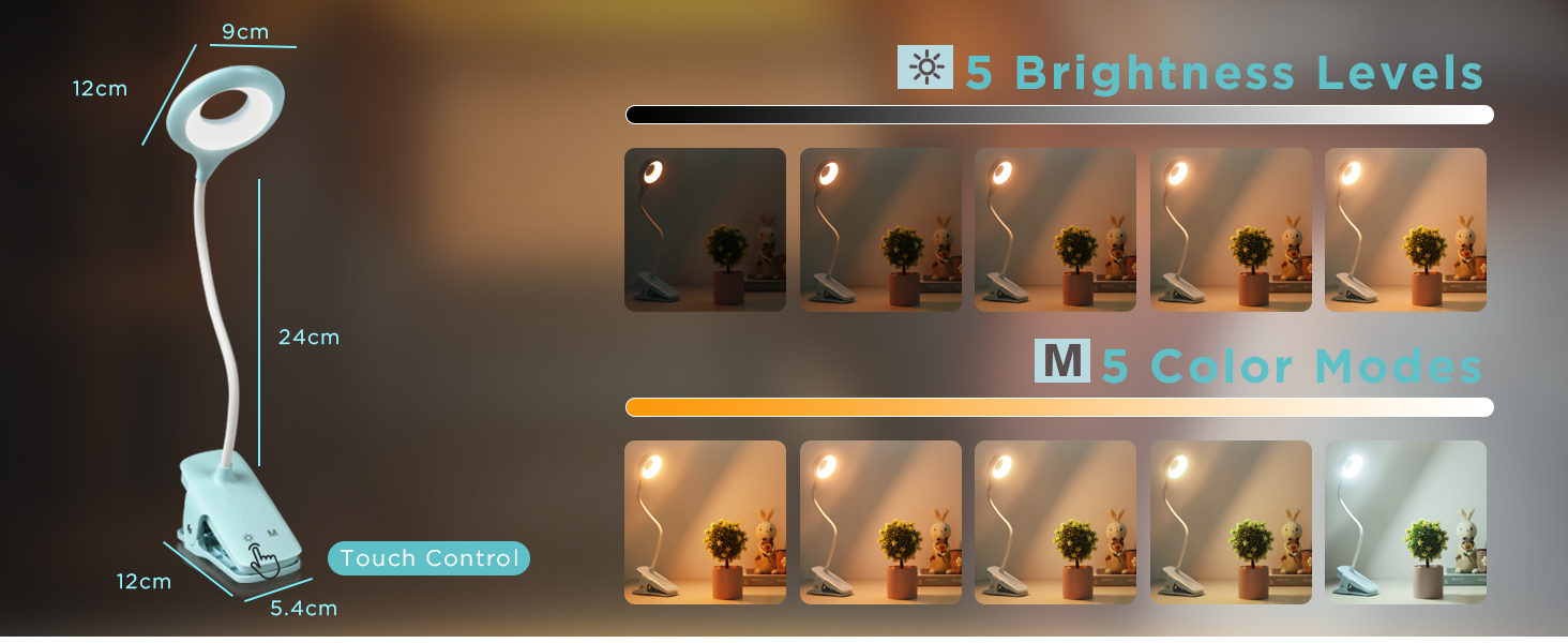 Desk lamp with flexible neck and circular base. Image shows 5 brightness levels and 3 color modes with sample lighting effects.