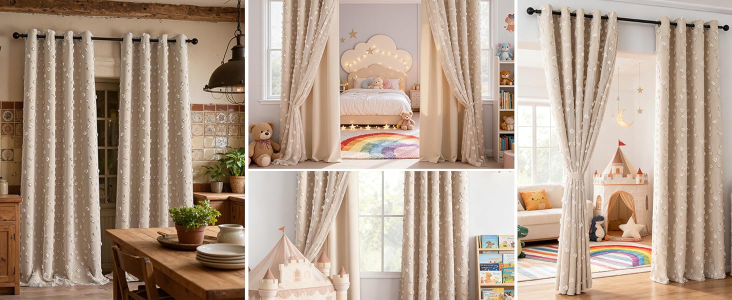 MYSKY HOME Beige Pom Pom Curtains for Kids Room
