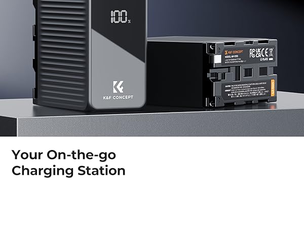 Text reads 'Your On-the-go Charging Station'. Series of electronic charging devices or power banks shown in dark metallic finish with LED indicators.