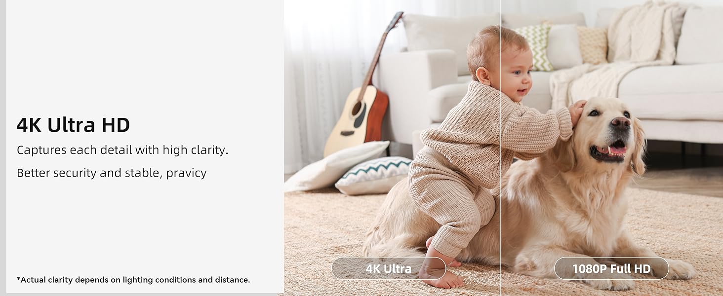 Text reads: '4K Ultra HD' and '1080p Full HD'. Golden retriever and child on carpeted floor, demonstrating camera quality comparison.