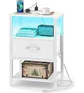 Yoobure White Night Stand with Charging Station, LED Nightstand for Bedroom, Bedside Tables with ...
