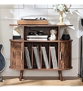LELELINKY Large Round Record Player Stand with Charging Station &amp; Fluted Display Shelf, Brown Mid...