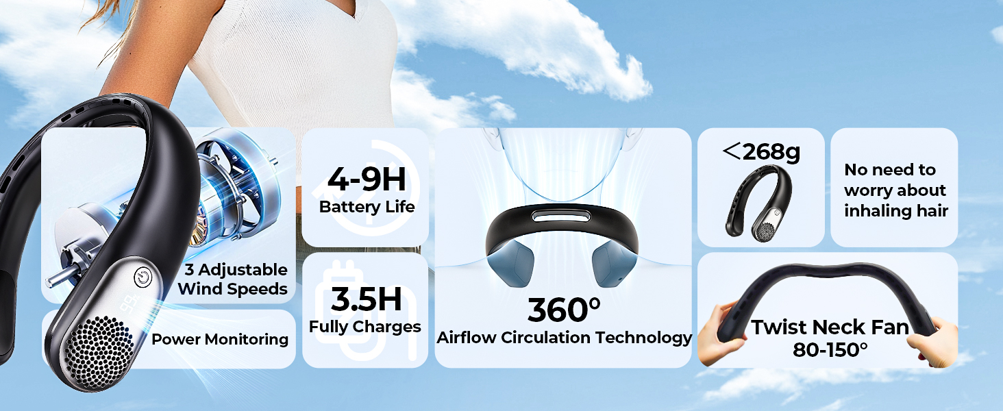 No Hair Twisting - 4000mAh USB Rechargeable Wearable Fan for Travel