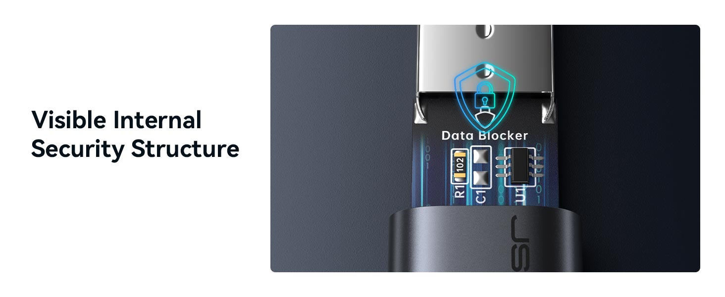 USB C data blocker with a visible internal design for secure charging protection.