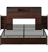 LIKIMIO Queen Bed Frame with Storage Headboard, Slide Out Bedside Table, Platform Bed with 4 Draw...