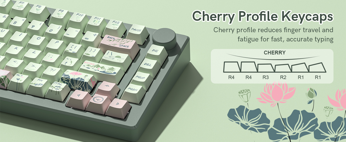 Cherry profile reduces finger travel and fatigue for fast, accurate typing