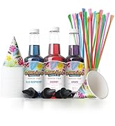 Hawaiian Shaved Ice Syrup Assortment with 3 - 16oz Bottles, 25 Snow Cone Cups, 25 Spoon Straws, a...