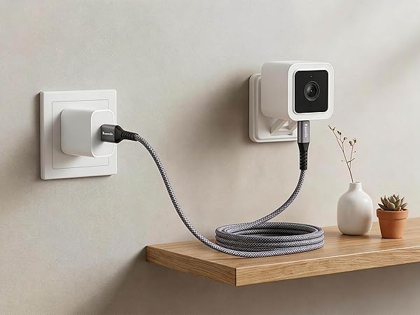 Long Micro USB power cord for Wyze Cam and Blink home security cameras on minimalist wall shelf.