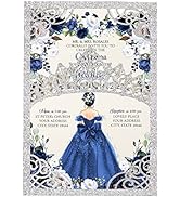 DreamBuilt 50Pcs Navy Blue Crown Invitations for Quinceanera, 15 year, Sweet 16, Miss XV, Birthda...