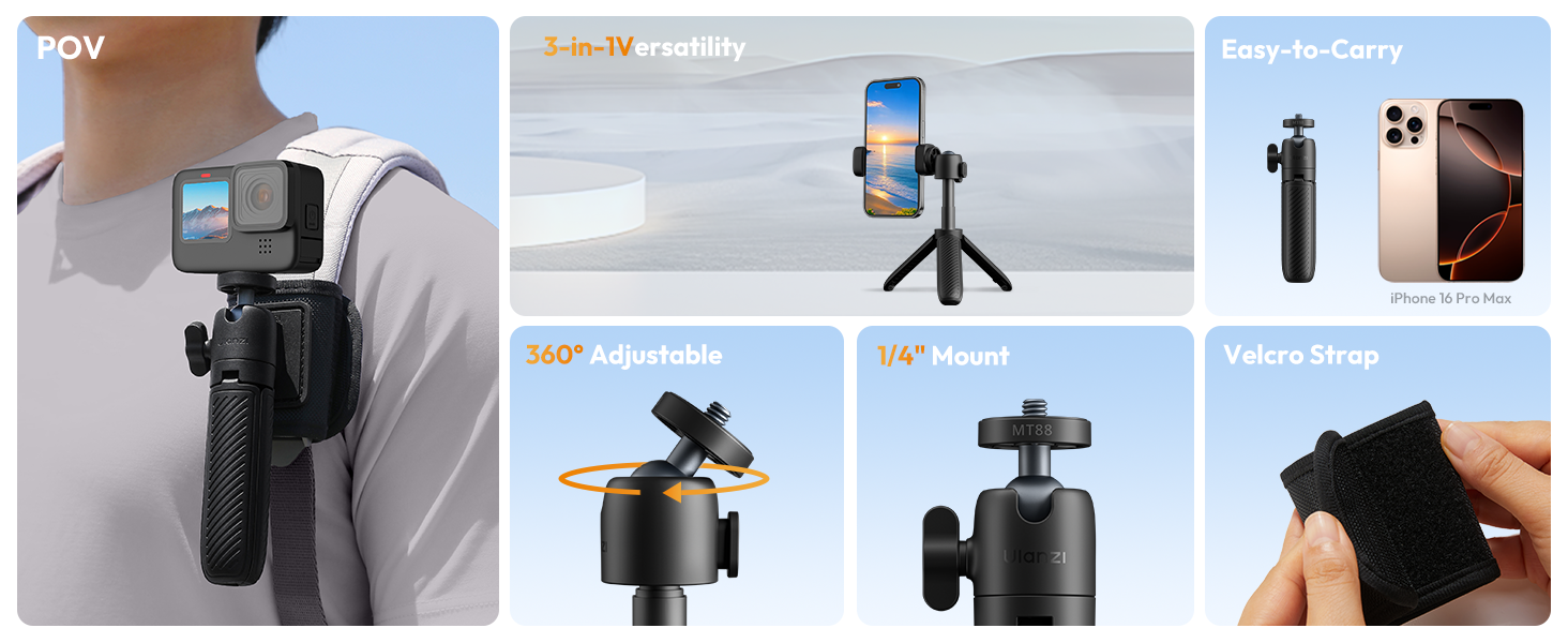 ULANZI MT88 ClipMate Camera Tripod, Selfie Stick w Velcro Strap &amp; Action Camera Adapter